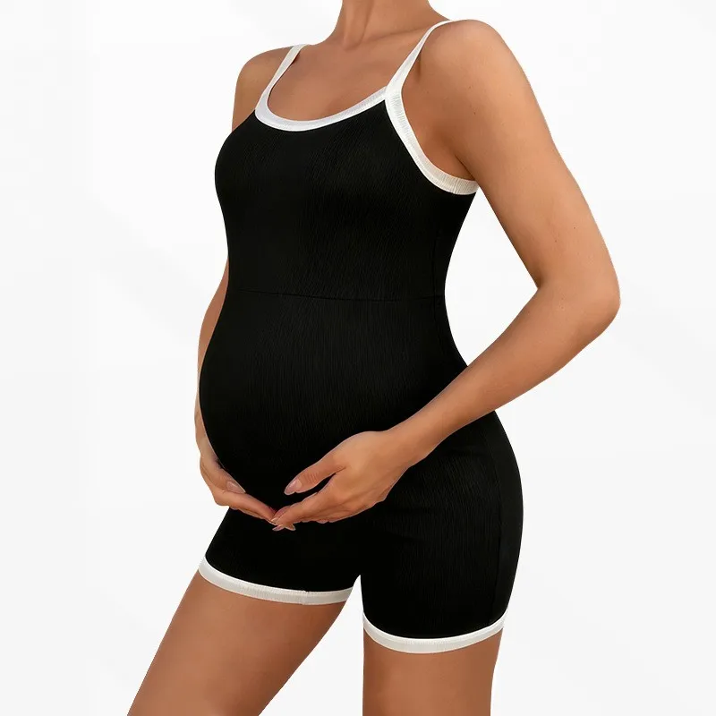 Maternity Clothing Jumpsuit Shorts Strapless Casual Fitted Yoga Contrasying Color Backless Butt Lifting Rompers Pregnant Woman