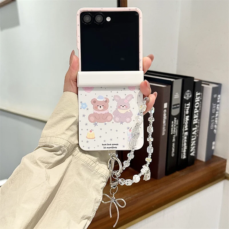 Cute Bear Bunny Dessert Print Magnetic Ring Stand Phone Case For Samsung Galaxy Z Flip 8 7 6 5 Full Hinge Cover 3 4 Crystal Bow