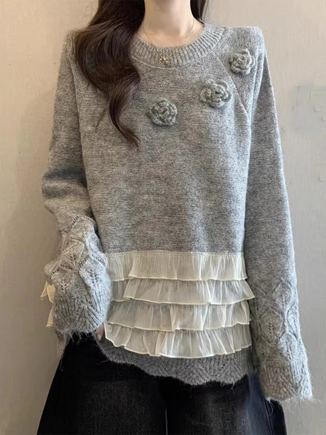 

Женский вязаный свитер с 3D-цветами, осенне-зимний, больших размеров, свободного кроя, из мягкого полиэстера, повседневный, с круглым вырезом