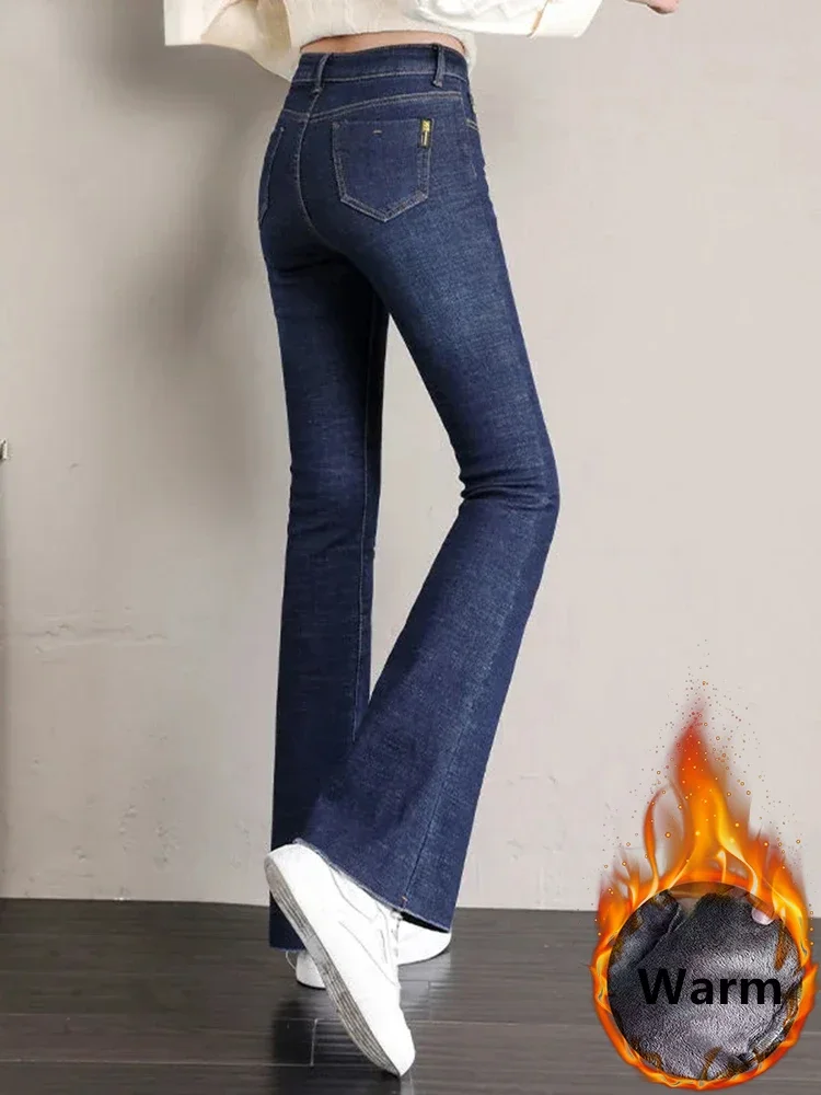 

New Women Vintage Plush Lined Flare Jeans Winter Warm Casual Skinny Vaqueros Thicken Stretch Denim Pants High Waist Bell-bottoms