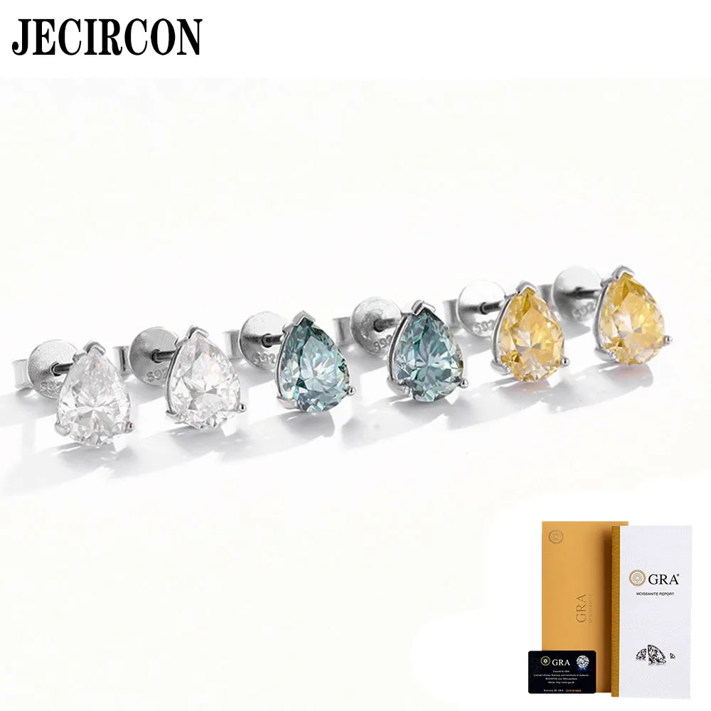 

JECIRCON Moissanite Stud Earrings for Women 925 Sterling Silver Creative Color Pear-Shaped Diamond Luxury Forest Niche Jewelry