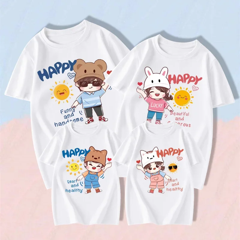 

Korean Fashion Cartoon Print Cotton T-shirt Summer Mother Daughter Tops Family Matching Outfits Adult Kids Family Look T-shirts