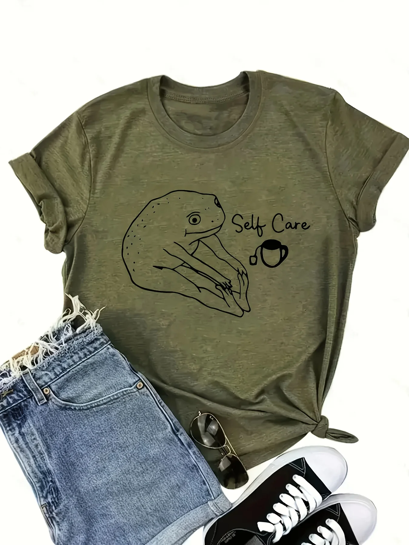 Self Care Frog Print Crew Neck T-shirt, Casual Short Sleeve Summer Top, Women\'s Clothing