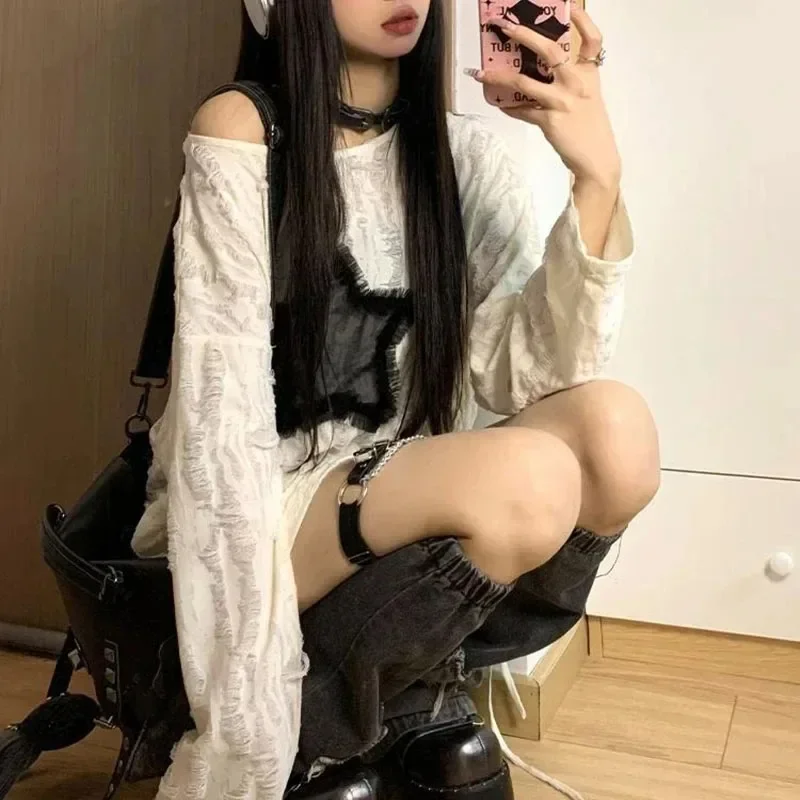 Y2K trou étoile imprimé T-Shirt femmes mode Streetwear épaules nues hauts été surdimensionné Kpop à manches longues t-shirts amples dames nouveau