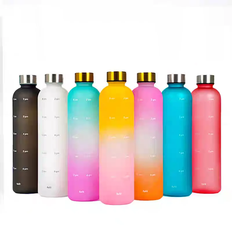 

1L Bottle With Time Marker 32 OZ Motivational Reusable Fitness Sports Travel Leakproof BPA Free Frosted Plastic Coffee Accessory