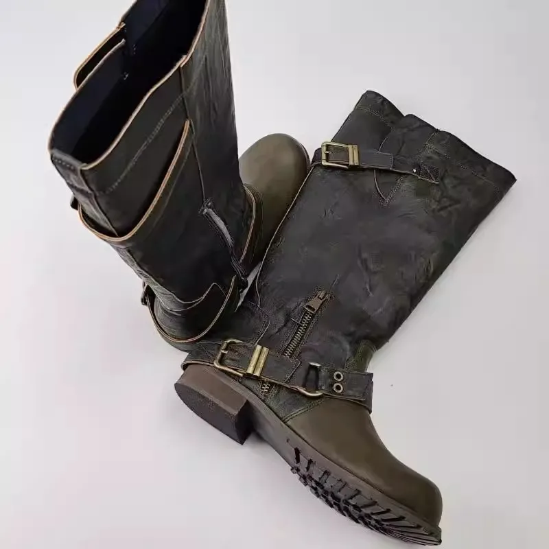 Vintage Green Leather Flats Knee High Boots Women's Buckled Round Toe Cool Knight Boots Botas Mujer Designer Causal Dress Shoes
