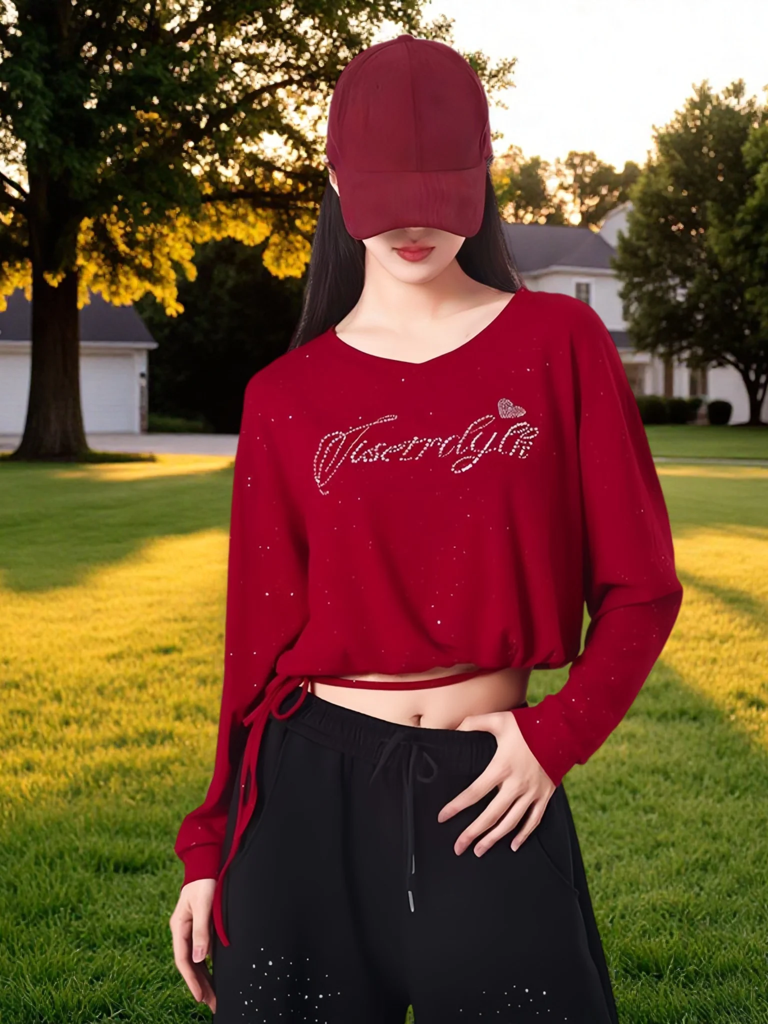 2026-spring-summer-women's-short-diamond-letter-sweatshirt-loose-slimming-two-piece-square-dance-costume-high-waist-pants