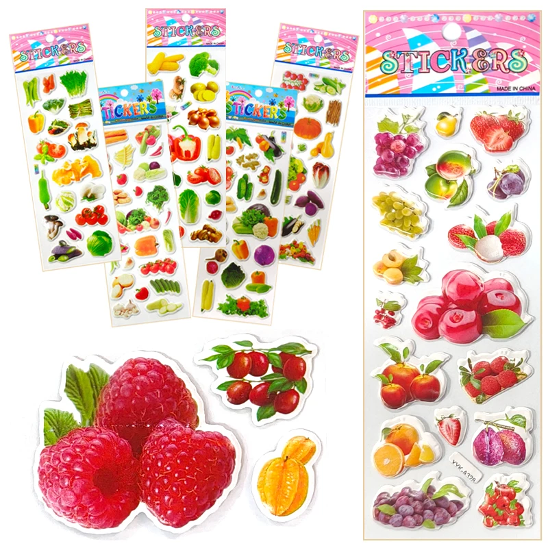 3D Puffy Stickers 6/12 Sheets Pack Random Mixed Fruit Vegetable Pattern Bulk Self Adhesive Stickers DIY Scrapbook Decoration ZYF