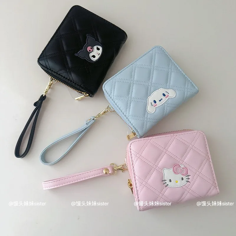 

Cartoon Diamond New Kuromi Cinnamoroll PU Embroidered Short Three-fold Zipper Wallet My Melody Wrist Portable Change Card Bag