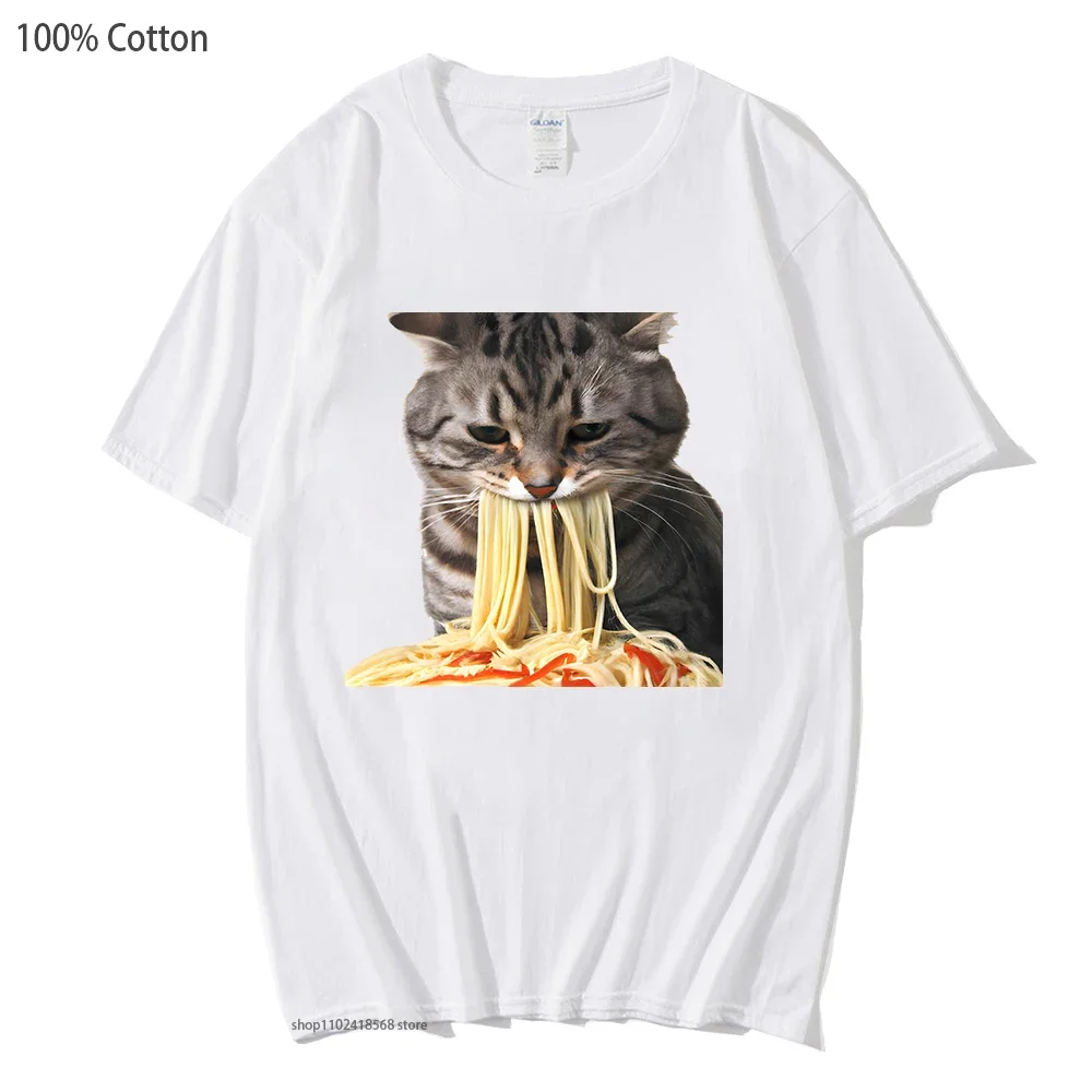 

Cat Eating Spaghetti T-Shirts Women Cute Animal Graphic Tshirt Y2k Clothes Harajuku Tops Kawaii Girls Shirt Men Tee 100% Cotton