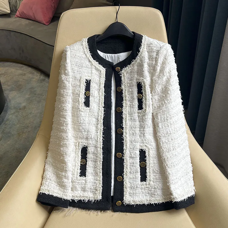 JANEFUR 2024 Women Tweed Short Coat Spring Autumn Black and white Wool Blend Jacket Women Round Neck Single Breasted Coat