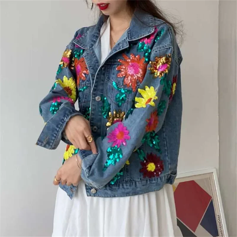 Autumn Harajuku Vintage Washed Blue Denim Jacket Women Fashion Sequin Flower Casual Loose Lapel Long Sleeve Female Jeans Jacket - Image 6