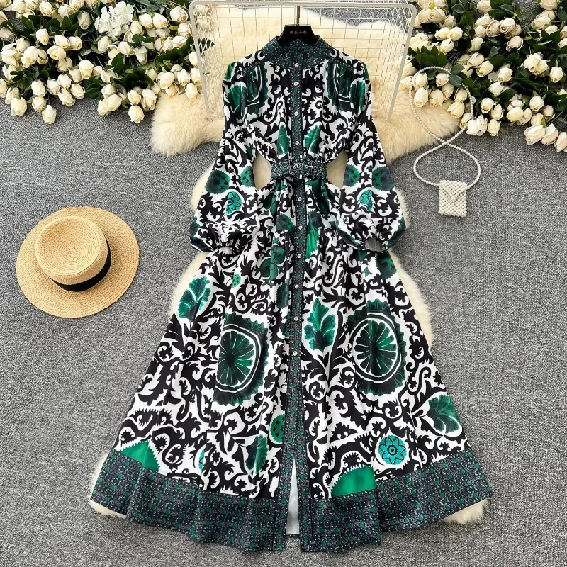 Vintage Long Lantern Sleeve Elegant Stand Neck Chic Single Breasted Print Dress Women French Evening High Street Autumn Clothing