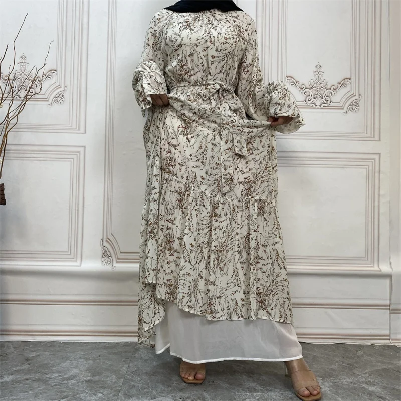 

2023 New Spring and Summer Muslim Print Bell Sleeve Lined Fashion Chiffon Women's Dress