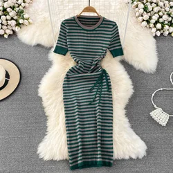 Retro Style Striped Dress Women 2024 Fashion Summer O Neck Dress Casual Short Sleeve Slim Drawstring Ruched t Long Maxi Dress