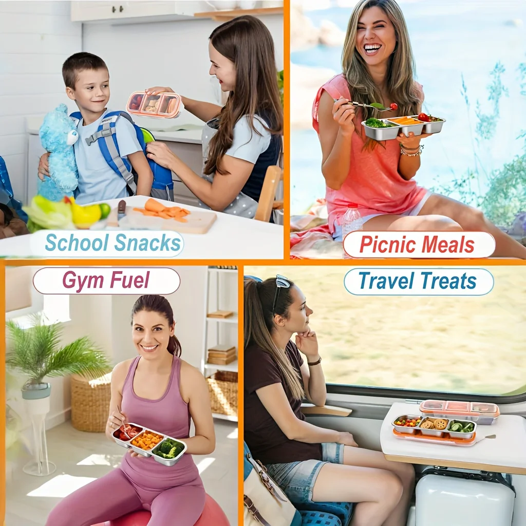 Stainless Steel Refrigerator Storage Box - Three/Two Compartment Snack Box with Lid, Reusable Spice Rack for Picnics