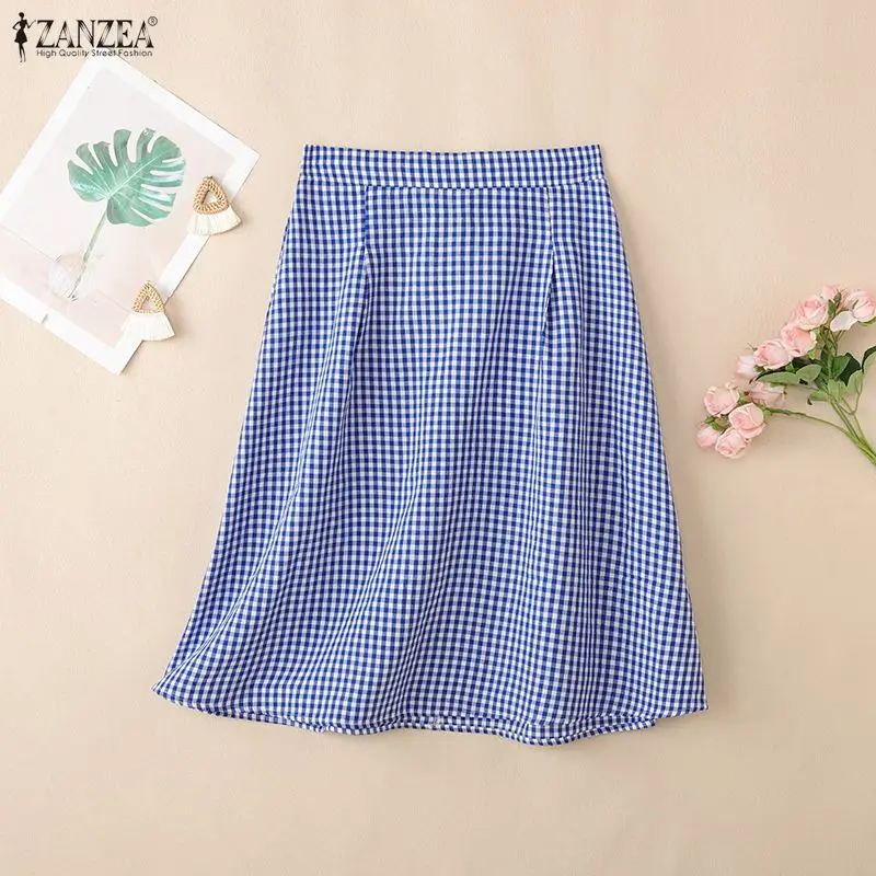 Women Elastic Waist Plaid Midi Skirt 2026 ZANZEA Summer Stylish A-line Jupes Casual Holiday Faldas Saia Elegant Work OL Skirts