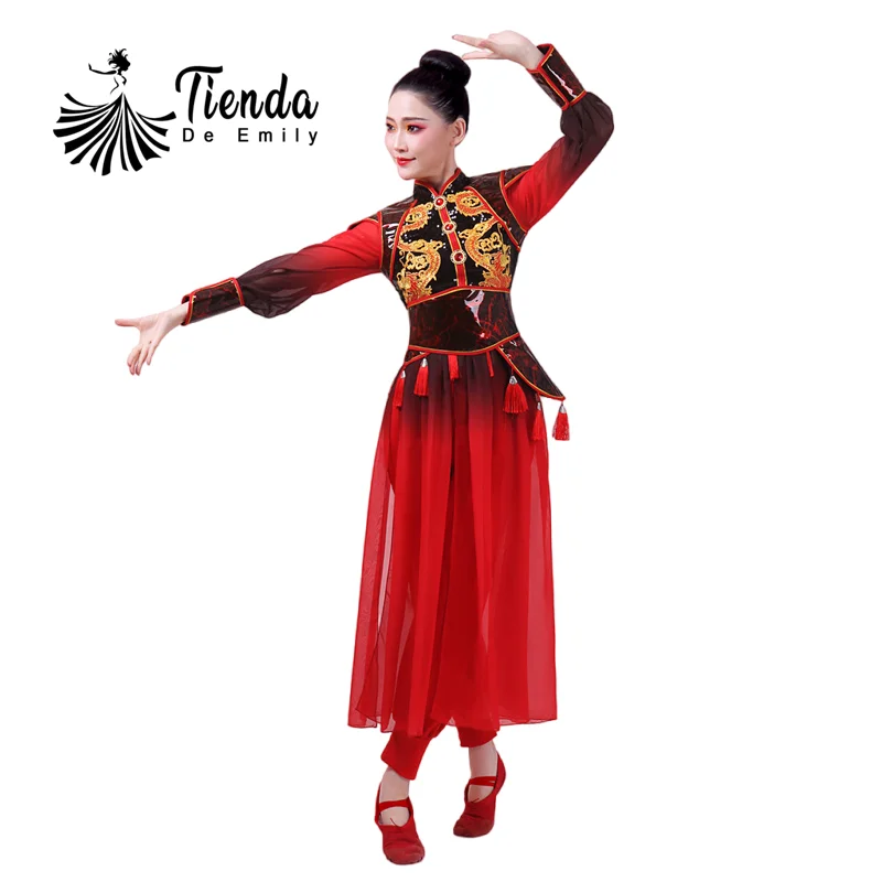 

Женский танцевальный костюм дракона, китайская народная национальная танцовщица, шоу, наряд для мероприятий, топ с длинными рукавами, свободная юбка с широкими штанинами, брюки