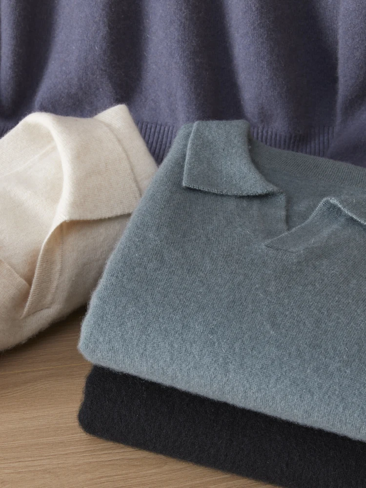 High Quality Men Cashmere Sweater Polo Collar Pullover Smart Casual Autumn Winter Simple 100% Cashmere Knitted Soft Clothing Top