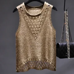 0 New casual hollow out knitted tank tops women bling bling sequined knitted pullovers women shiny knitted vest shiny camis