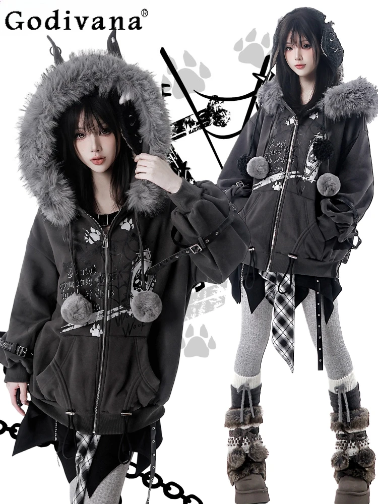 

Original Student Sweet Cool Fashion Fleece Hooded Jacket Autumn Winter Girl's Punk Harajuku Sweatshirt Striped T-Shirt Skirt Set