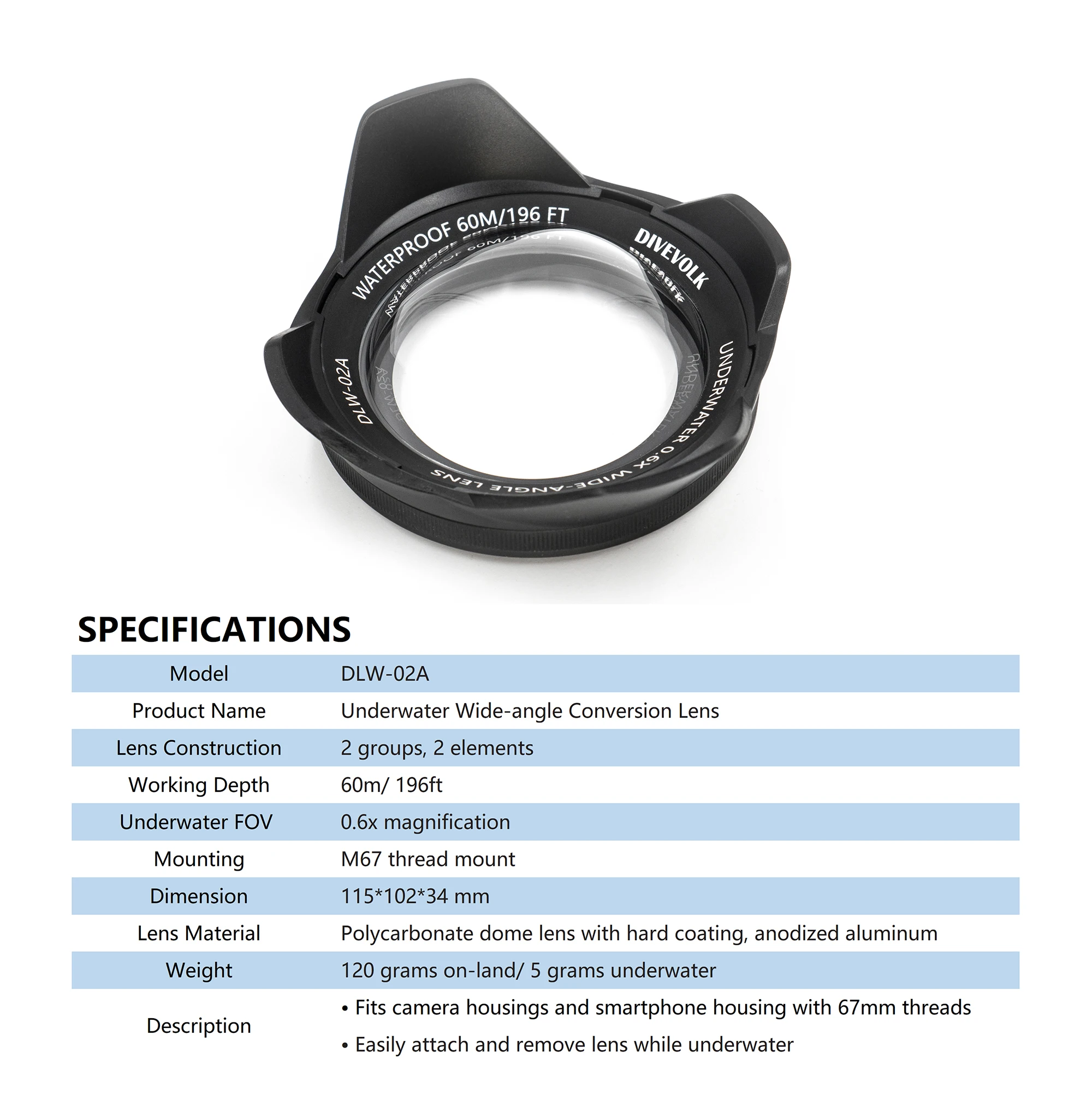Underwater Wide-angle Conversion Lens X0.6 for DIVEVOLK Housing and Action Camera
