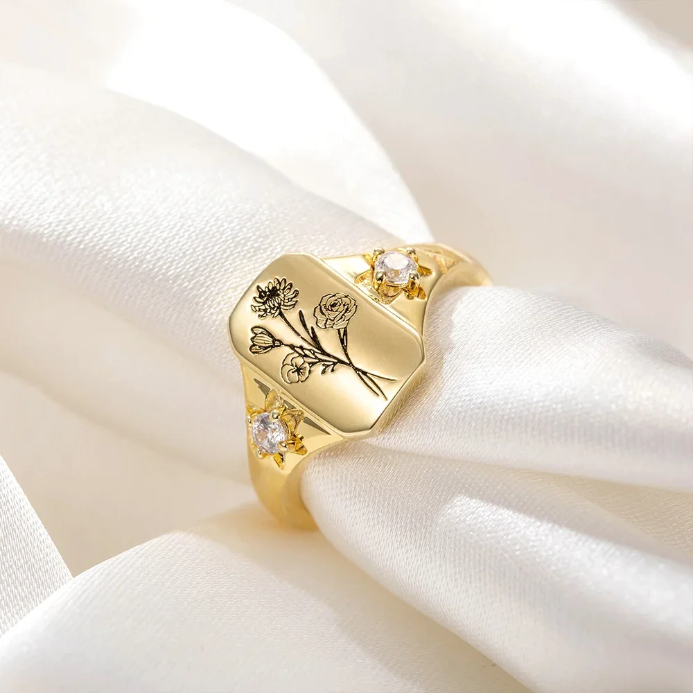 Personalized Engraved Family Birth Flower Bouquet Ring with 2 Birthstones Custom 3D Ring Luxury Jewelry Gift for Women