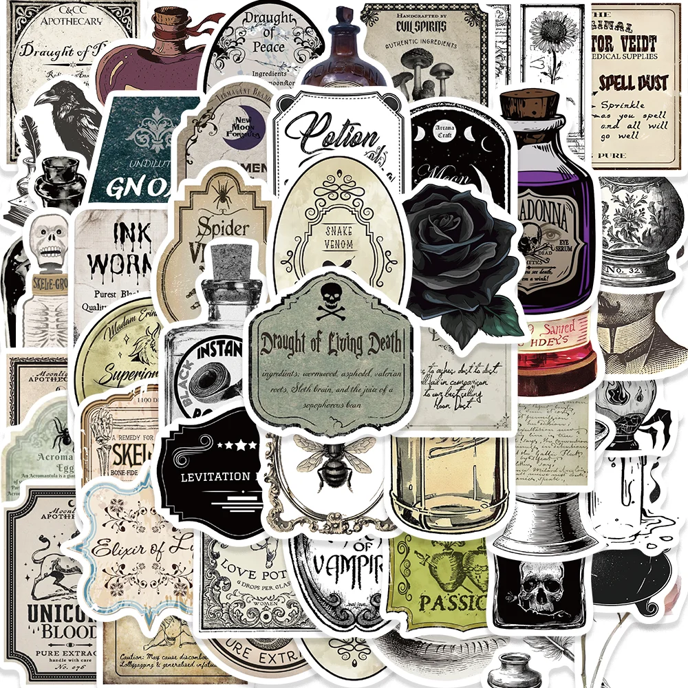 50pcs Gothic Apothecary Potion Label Stickers Waterproof DIY Bottle Scrapbook Laptop Phone Case Notebook Diary Decal Toy Sticker