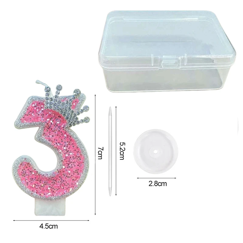 Silver Edge Pink Digital Birthday Candle with Crown - DIY Cake Party Decoration Supplies