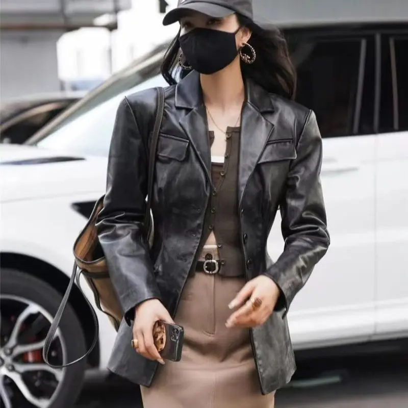 Spring Leather Jacket Ladies Korean Vintage Waist Closing Shoulder Pad Suit Coat Head Layer Vegetable Tanned Sheepskin Blazers