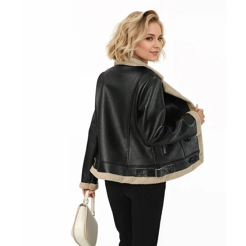 Damskie kurtki ze sztucznej skóry na jesień, płaszcz w stylu vintage z wykładanym kołnierzem, ciepły, gruby kardigan, kurtka z guzikami, odzież uliczna.