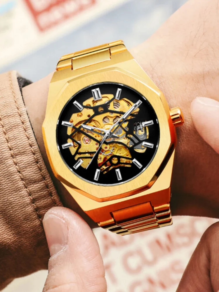 Forsining 344D موضة الساعات الميكانيكية التلقائية للرجل هيكل عظمي شفاف الصلب مقاوم للماء مضيئة ساعة اليد الرجالية