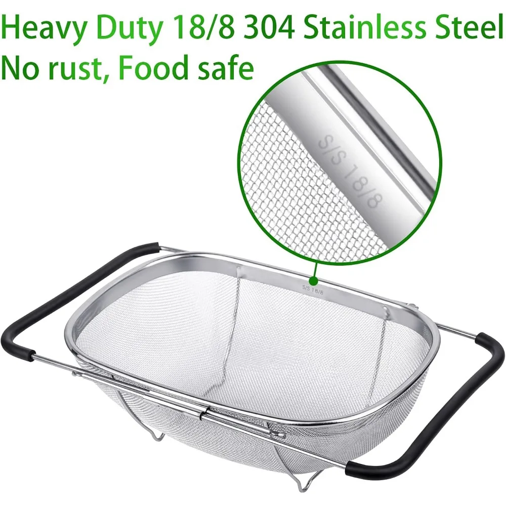 Coador grande sobre a pia de 6 quartos, resistente 40% mais grosso 18/8 cesta de filtro de malha fina de aço inoxidável com fricção expansível