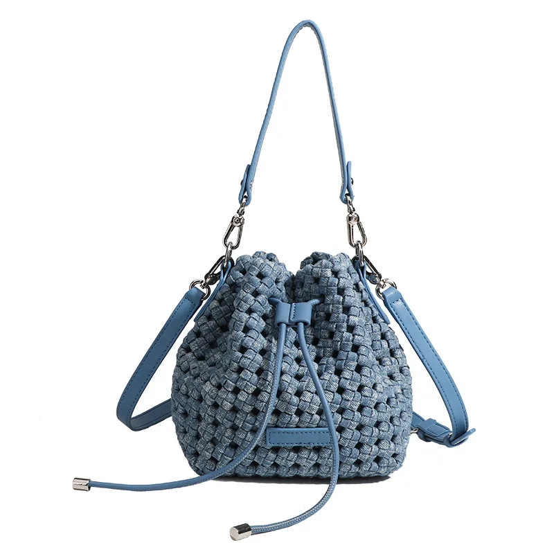 

New women's bag high-end pure hand-woven denim bucket bag women's versatile hand-held one-shoulder diagonal straddle bag trendy