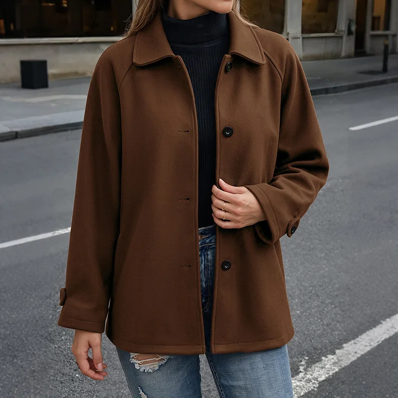 Lapel Collar Single Breasted Wool Blend Short Coat for Women Coffee Brown Casual Commuter Outerwear Autumn Long Sleeve Tops