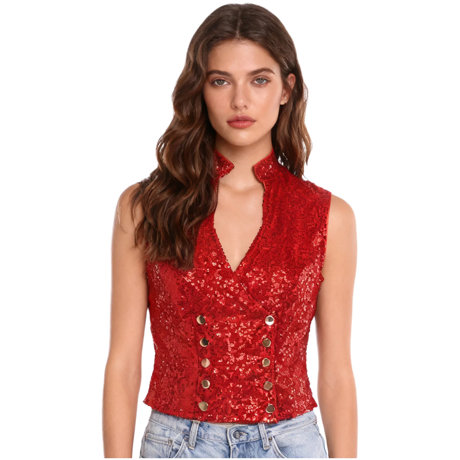 صدرية نسائية لامعة بدون أكمام ترتر ملابس خروج على شكل حرف V بدون أكمام سترة مزدوجة الصدر لزي حفلات الكوكتيل والديسكو #6