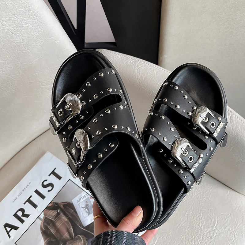 Drestrive 2024 Fashion Women's Slippers Cow Leather Metal Buckle Flats Summer Shoes Handmade Casual Daily Low Heels