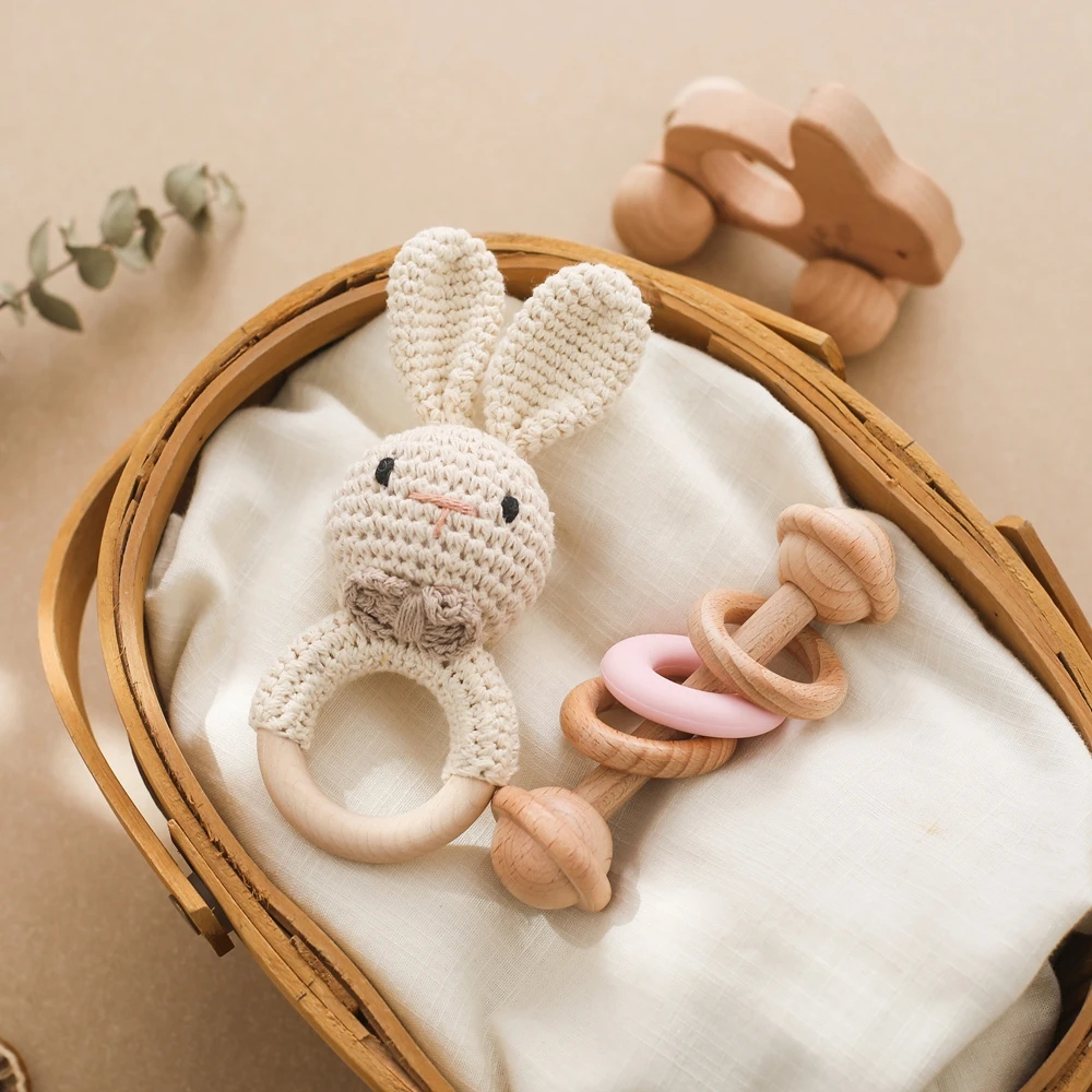 3pc Baby Rattle Toys Wooden Animal Car and Crochet Rattle Sets Baby 0 12 Months Toys Teething Toys Baby Accessories Baby Toys