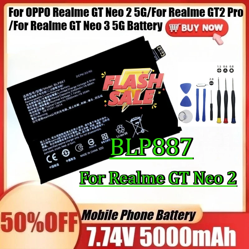 

For OPPO Realme GT Neo 2 5G/For Realme GT2 Pro /For Realme GT Neo 3 5G Battery +Tools New BLP887 7.74V 5000mAh Battery