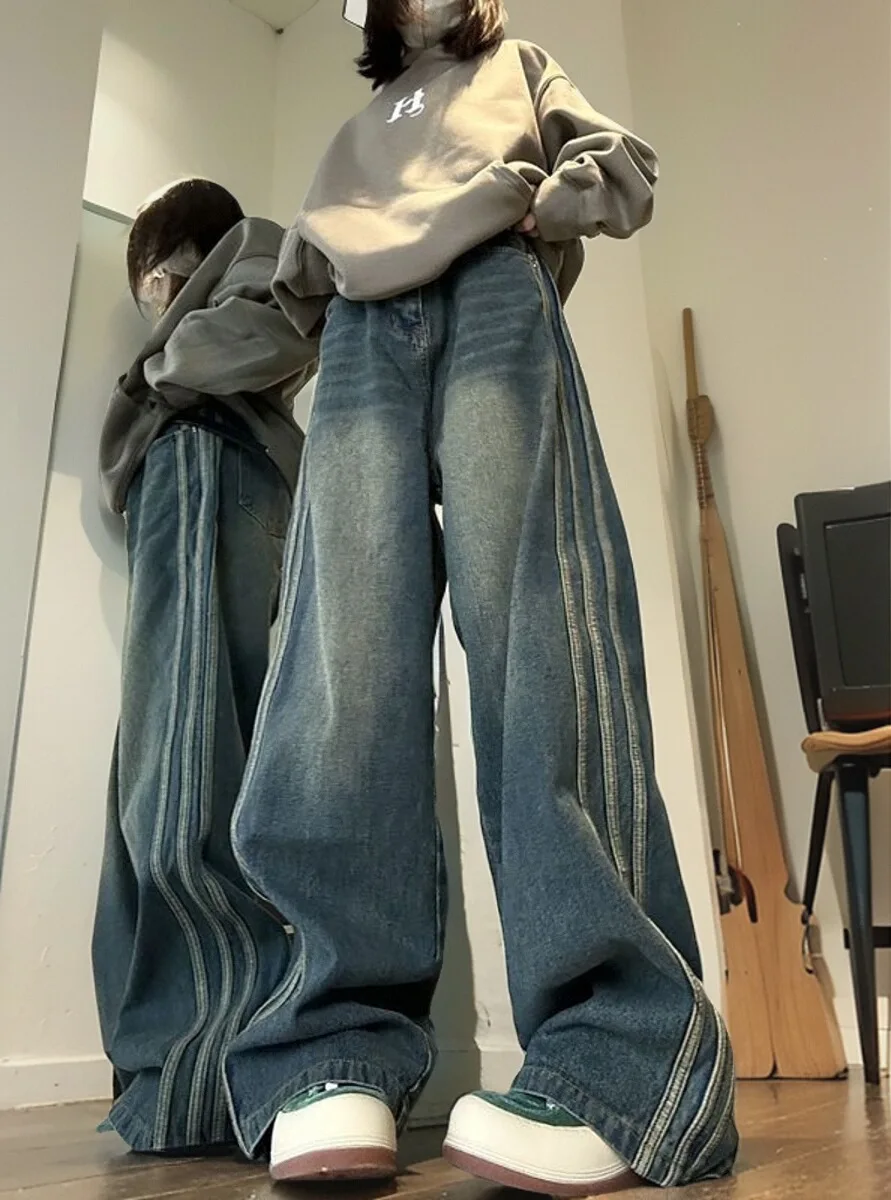 

American High Street Side Stripe Micro Flared Denim Jeans Women's Spring Autumn High Waist Loose Slim Wide Leg Long Pants