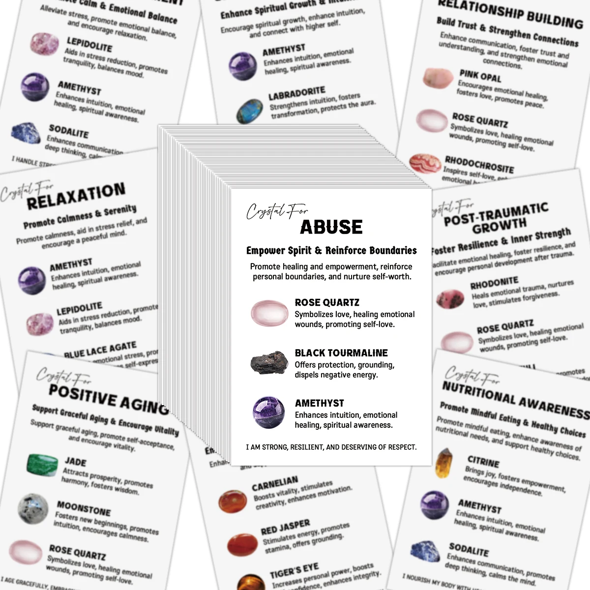 50 cartes d'affirmation et de guérison par cristaux, cartes de guide de thérapie par cristaux pour le soulagement du stress, la méditation, cadeau pour les amateurs de cristaux