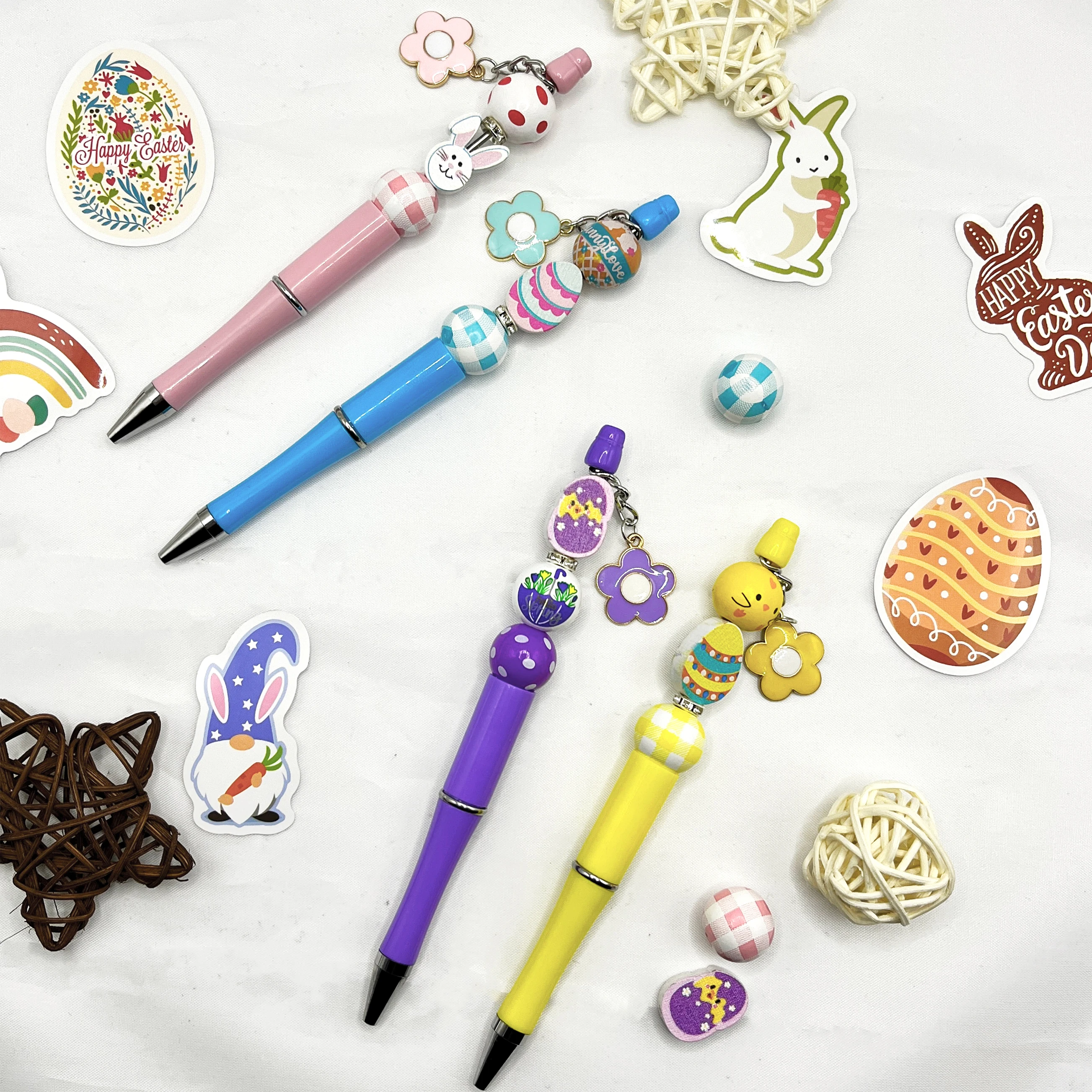 8PCS New Colorful Easter Bunny Broken Egg Chicken Easter Egg Theme DIY Beaded Ballpoint Pen&Wooden Bead Set，Office&Study Supply