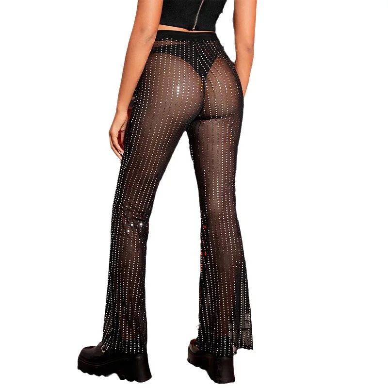 Metallisch glänzende Leggings, Glitzer-Pailletten-Hose, Mesh-Flare-Bell-Bottom-Hose, lässige Tanzstrumpfhose, für Konzerte, Partys, Clubs, lange Abende