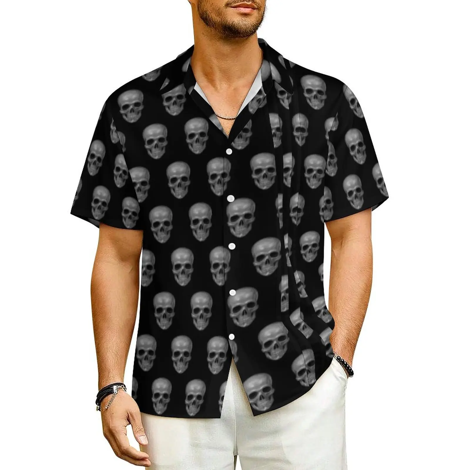 Realistic Skull Casual Shirt Cool Skeleton Print Retro Hawaii Shirts Male Short Sleeve Beach Y2K Street Oversized Blouses