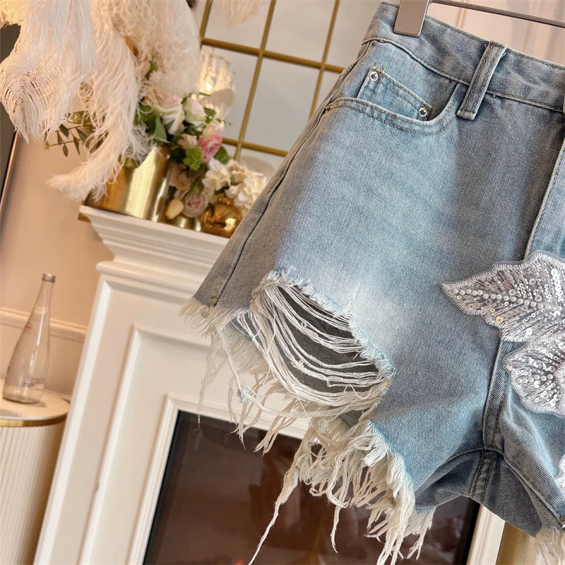 Sommer Mode Perlen Blumen Denim Shorts Frauen Streetwear Retro Quaste Hohe Taille Shorts Würzige Mädchen Lose Raw Rand Kurze