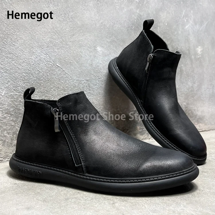 Black Soft Leather Side Zipper Boots Men's Chelsea Booties Mid-Top Boots Vintage Frosted Cowhide Soft-Soled Leather Boots