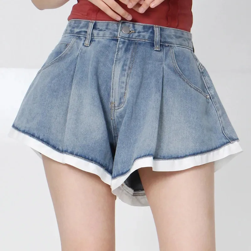 BPN Minimalist Hit Color Shorts For Women High Waist Patchwork Pockets Casual Loose Wide Leg Denim Pants Female Fashion Clothing