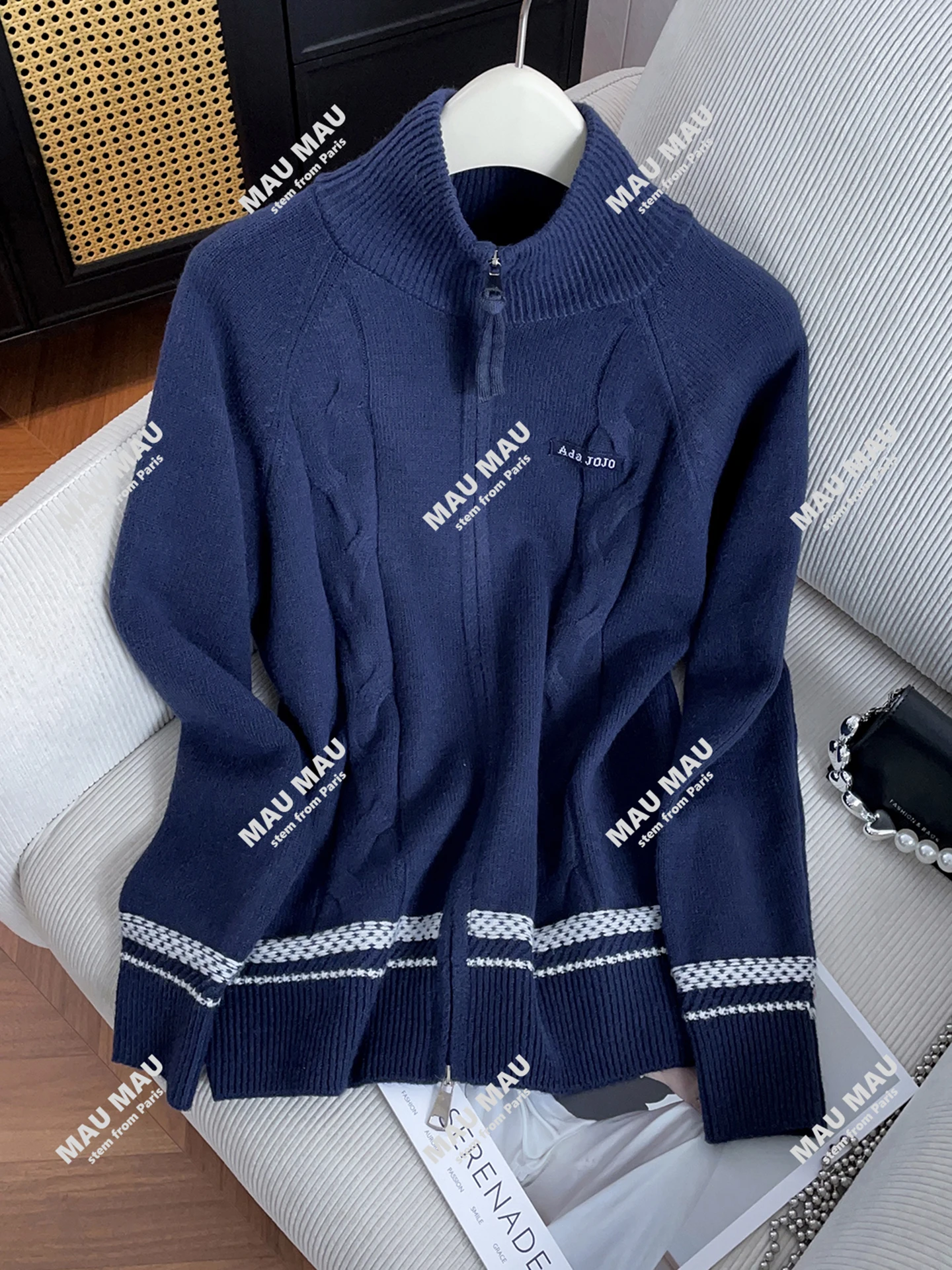 

High-End Women's Knitted Cardigan Sweater Retro Casual High Collar Patchwork Autumn 2025 Commute Sle Regular Fit Medium Sof...