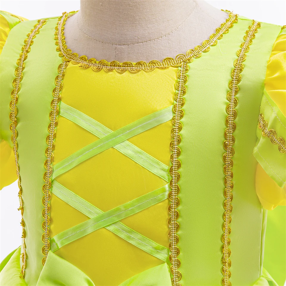 Tiana Princess Fancy Girls Dress Green Fairy Tale Kids Tulle Ball Gown Xmas Halloween Cosplay Party Carnival Children's Costume
