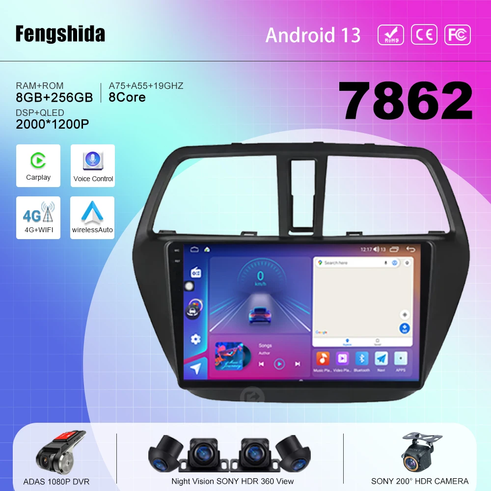 

7862 CPU Car Android 13 For Suzuki SX4 S-Cross 2014-2017 Auto Radio Stereo multimedia player navigation GPS No 2din DVD 5G WIFI